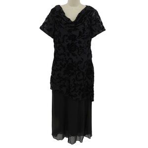 Eva Blue Women 16 Black Floral Beaded Velvet Short Sleeve Dress Y2K 2003 NEW